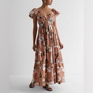 Express Floral V-Neck Flutter Sleeve Tiered Poplin Maxi Dress Small
